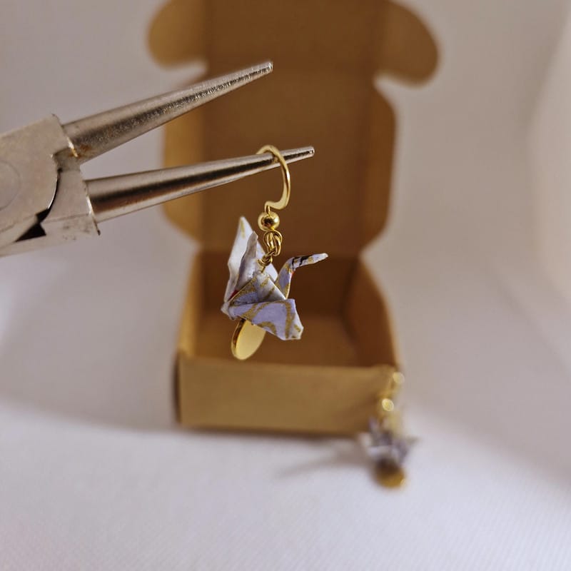 Boucles d'oreilles grues doré origami papier washi cadeaux artisana