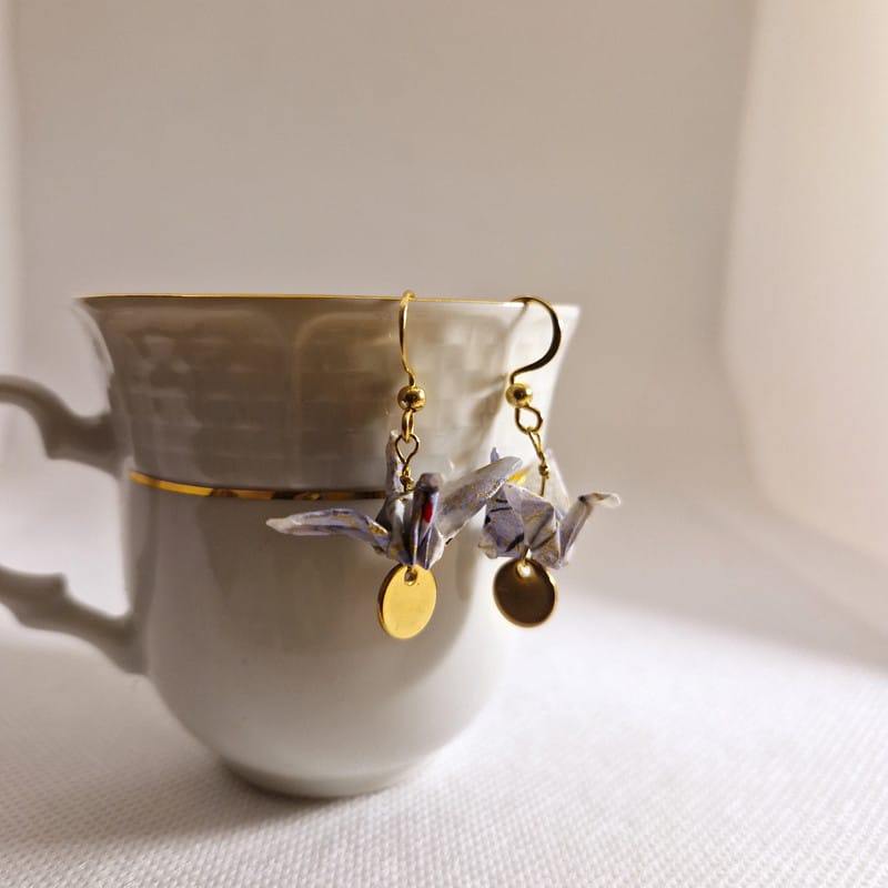 Boucles d'oreilles grues doré origami papier washi cadeaux artisana