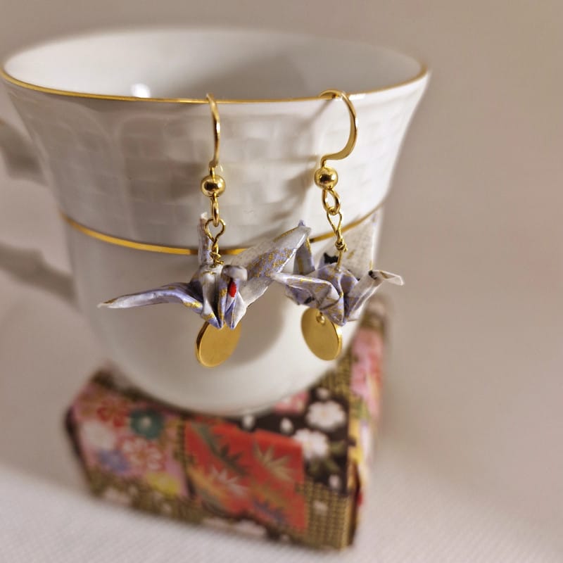 Boucles d'oreilles grues doré origami papier washi cadeaux artisana