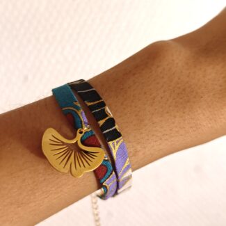 Bracelet liberty tissu japonais breloque feuille ginkgo