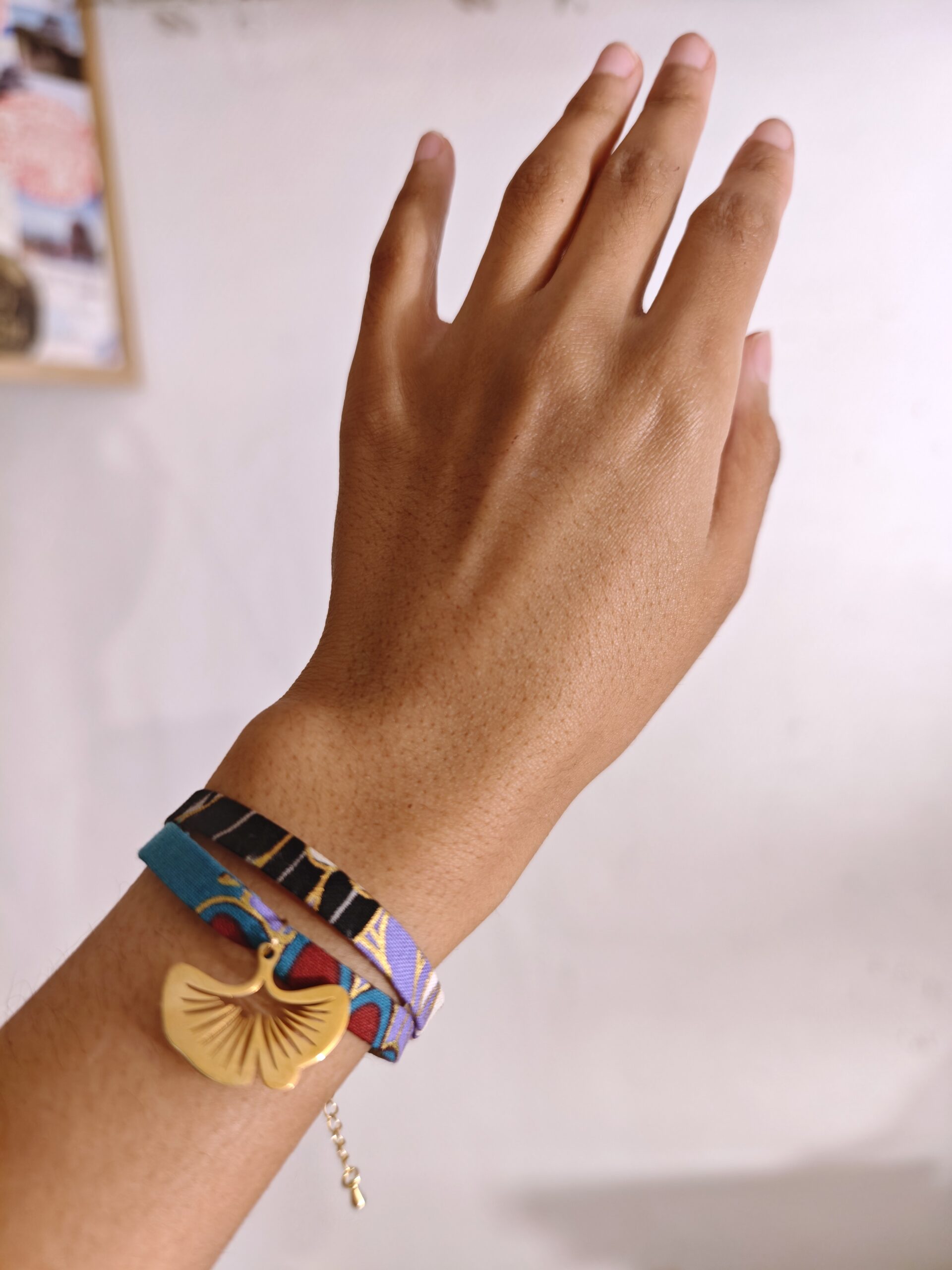 Bracelet liberty tissu japonais breloque feuille ginkgo