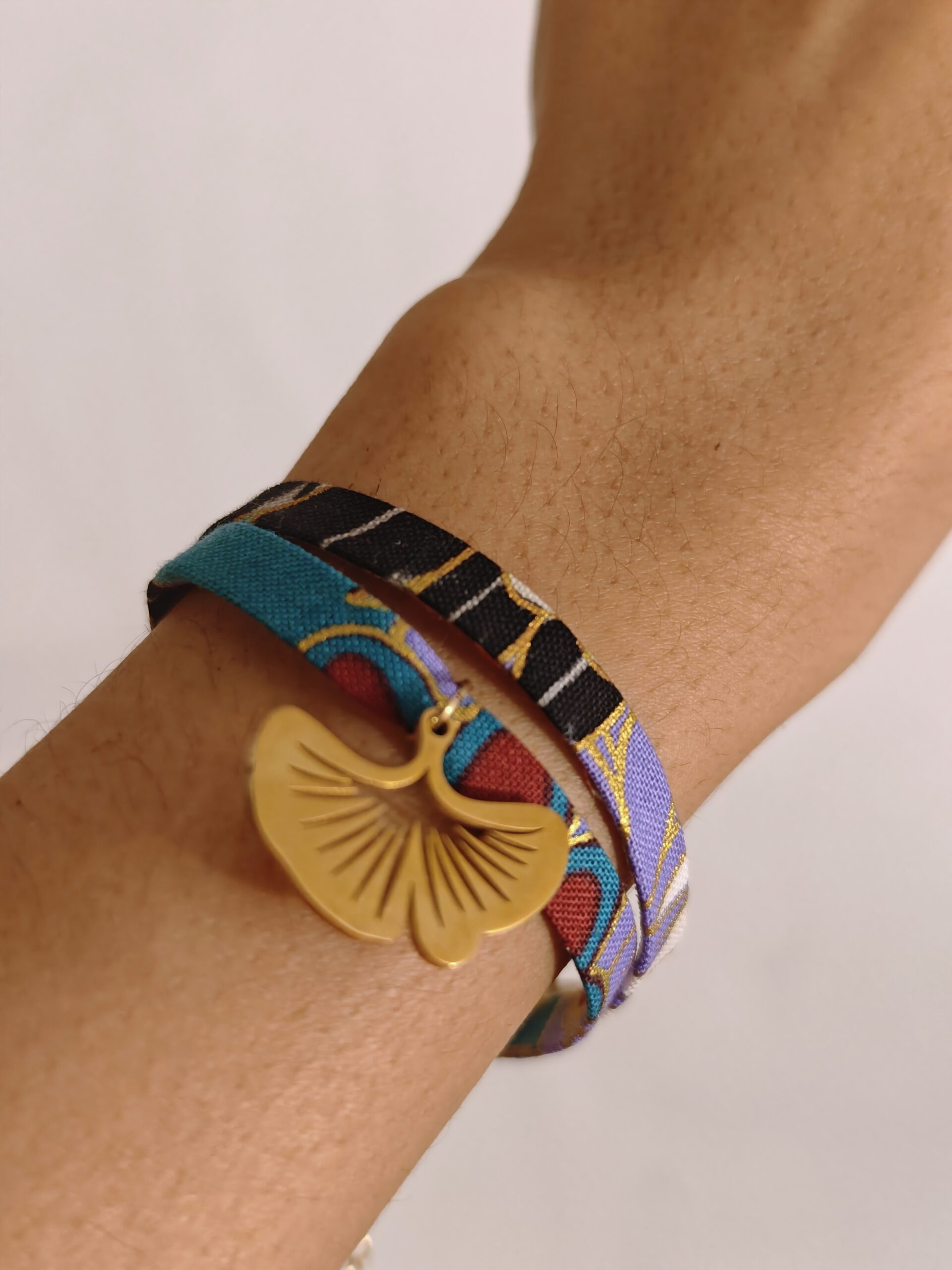 Bracelet liberty tissu japonais breloque feuille ginkgo